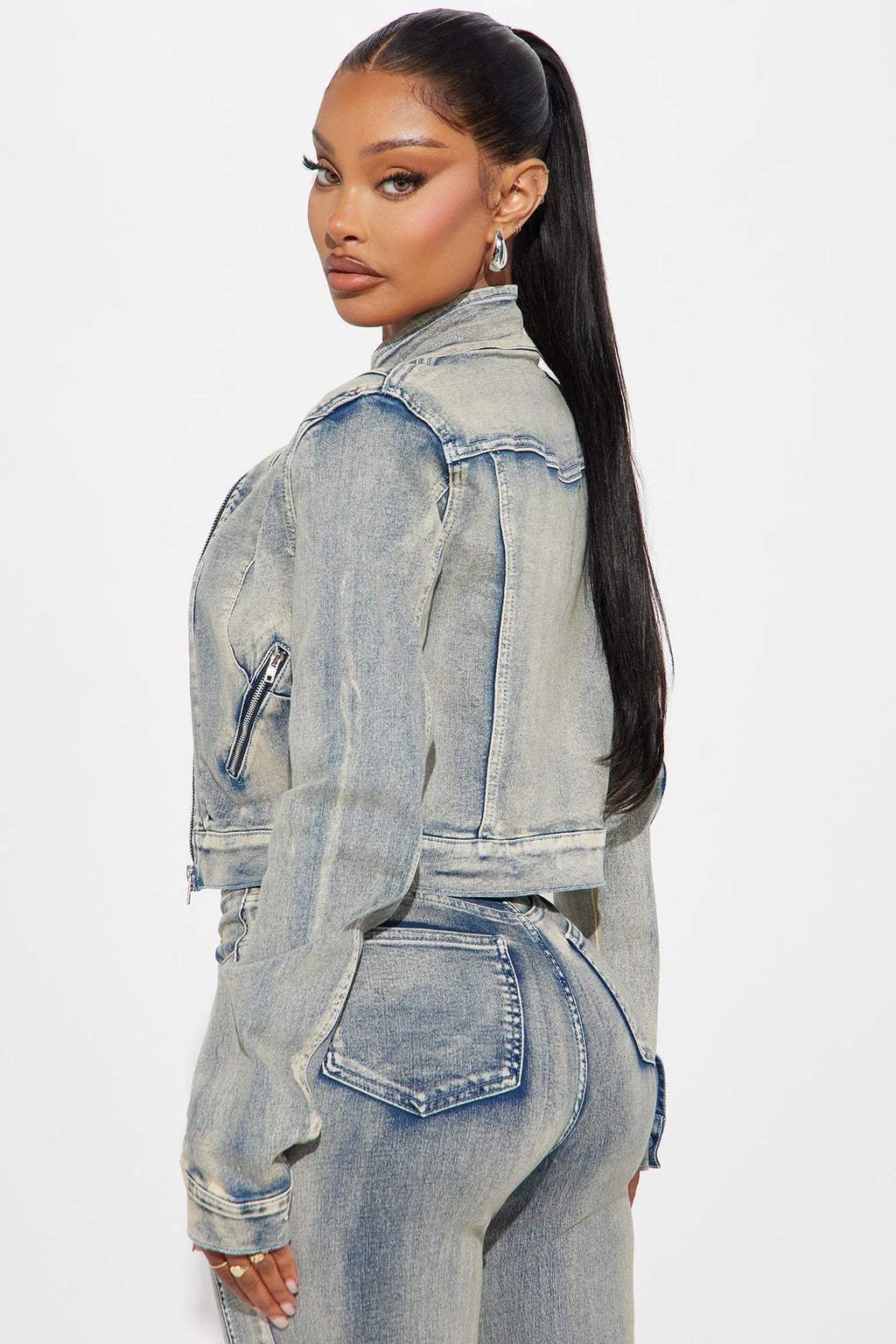 Locking In Stretch Moto Denim Jacket - Vintage Wash