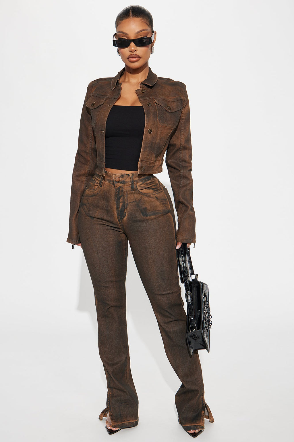 Bronzed Babe Coated Denim Trucker Jacket - Brown