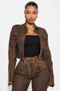 Bronzed Babe Coated Denim Trucker Jacket - Brown