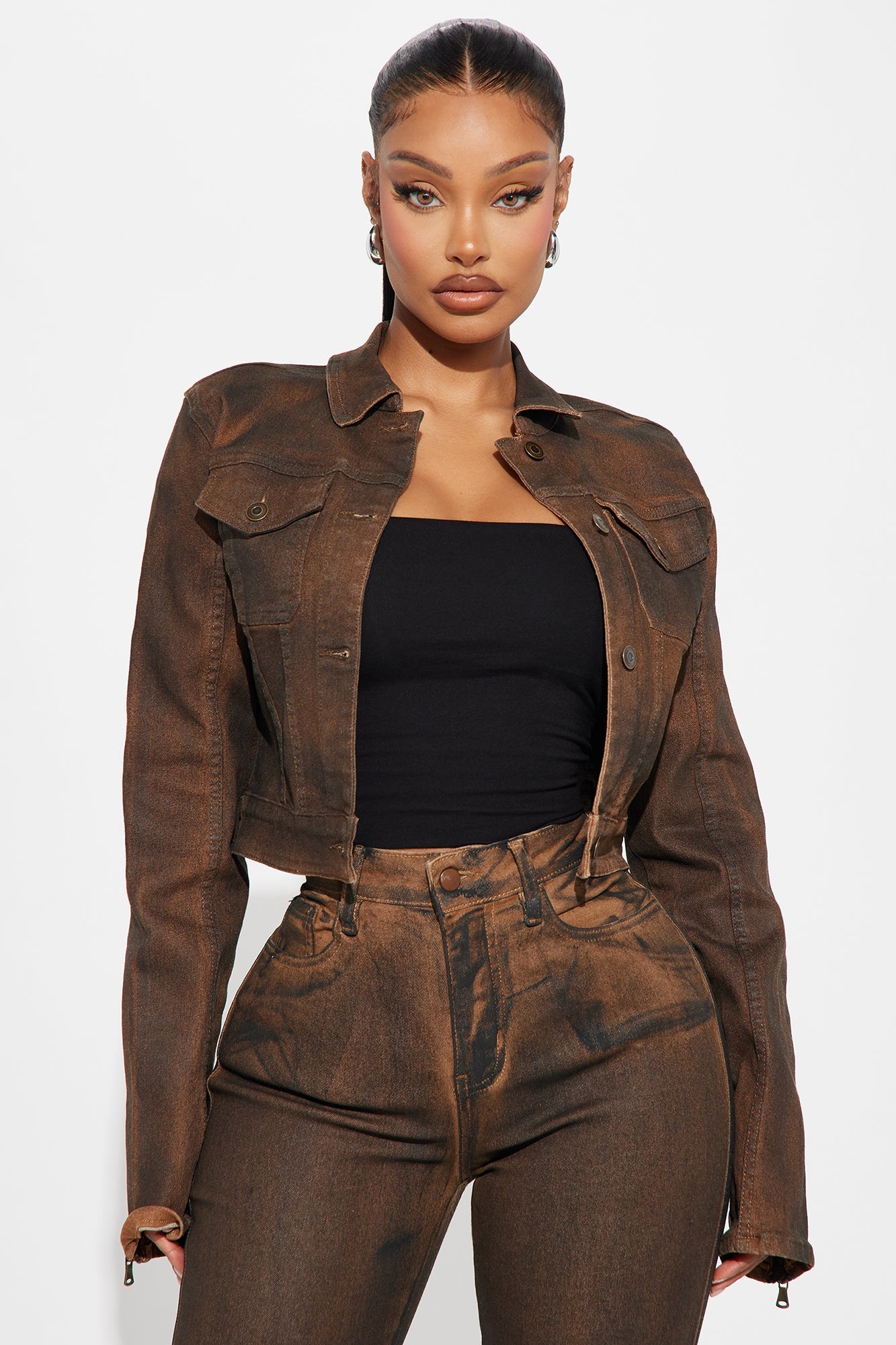 Bronzed Babe Coated Denim Trucker Jacket - Brown