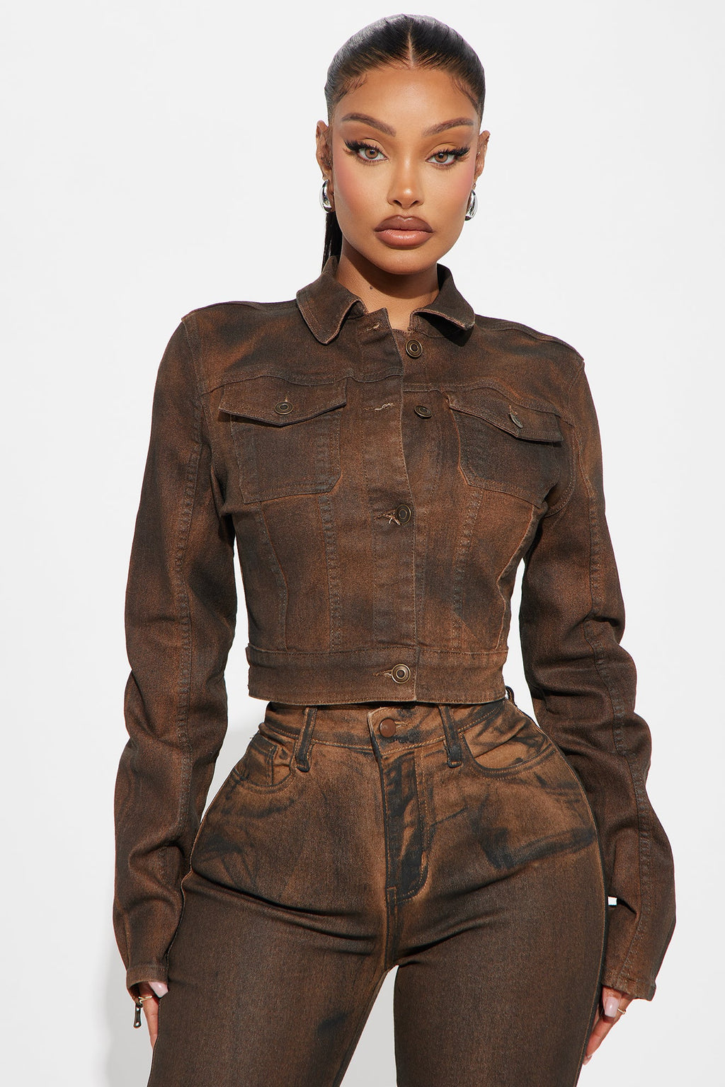 Bronzed Babe Coated Denim Trucker Jacket - Brown