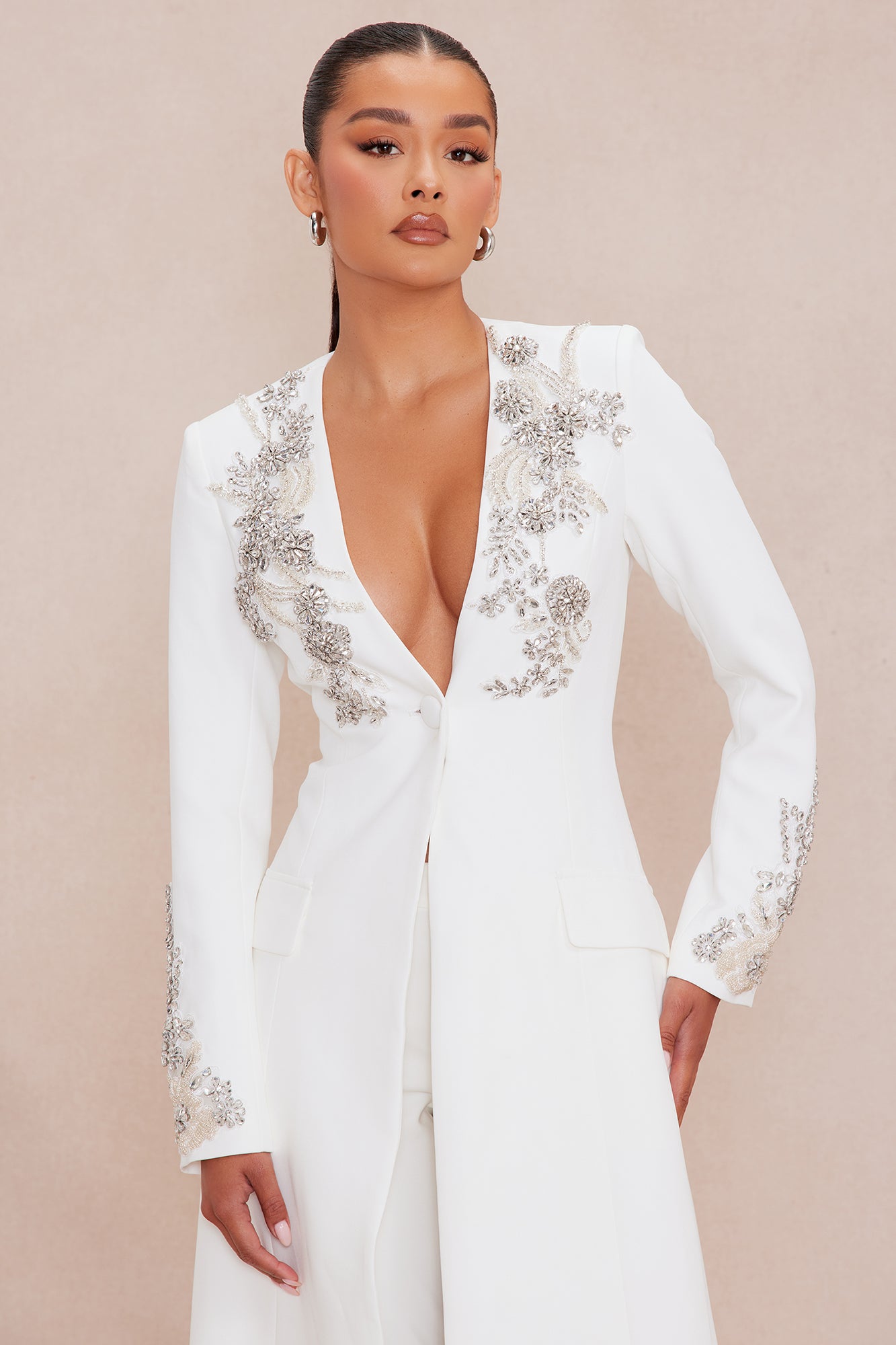 Gracelyn Embellished Maxi Blazer Suit Set - White