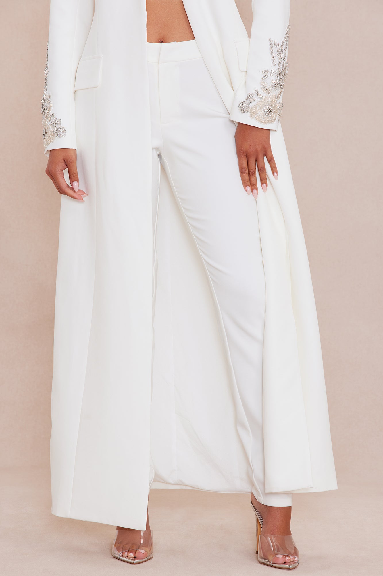 Gracelyn Embellished Maxi Blazer Suit Set - White