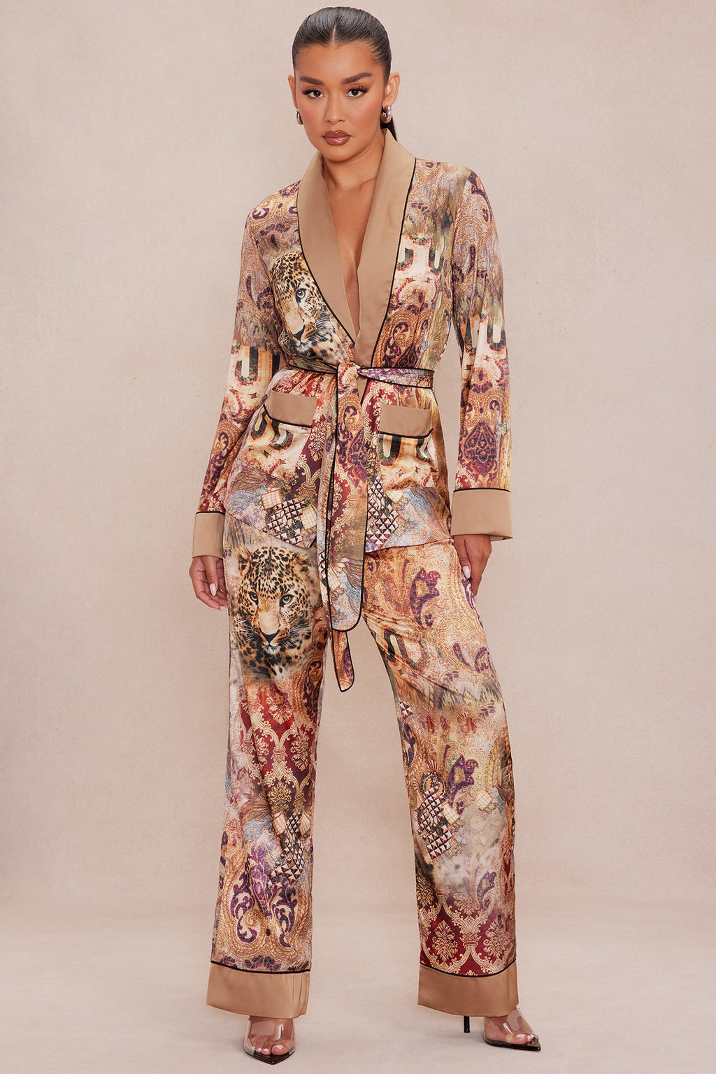 Leah Satin Pant Set - Nude/combo