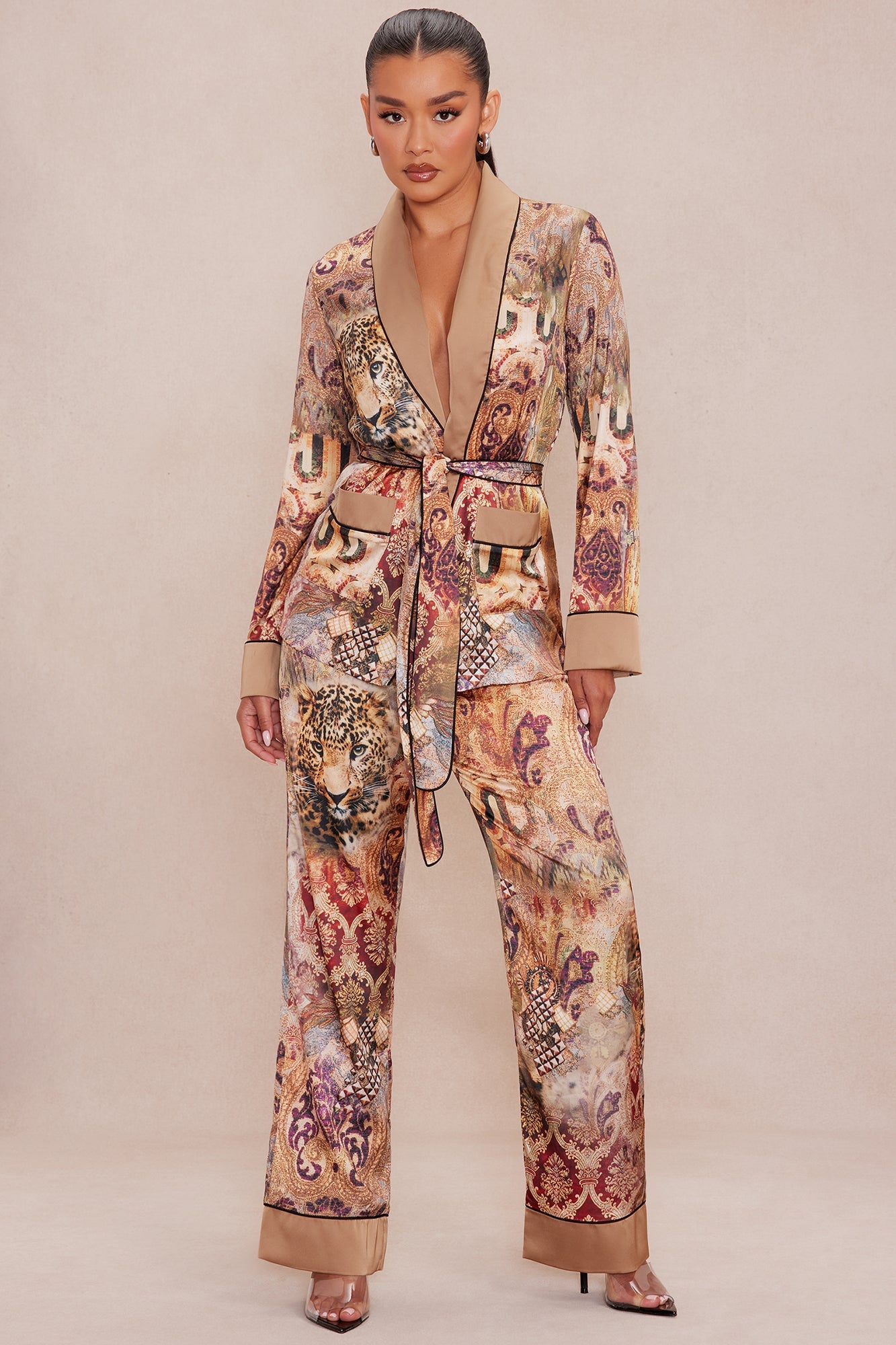 Leah Satin Pant Set - Nude/combo