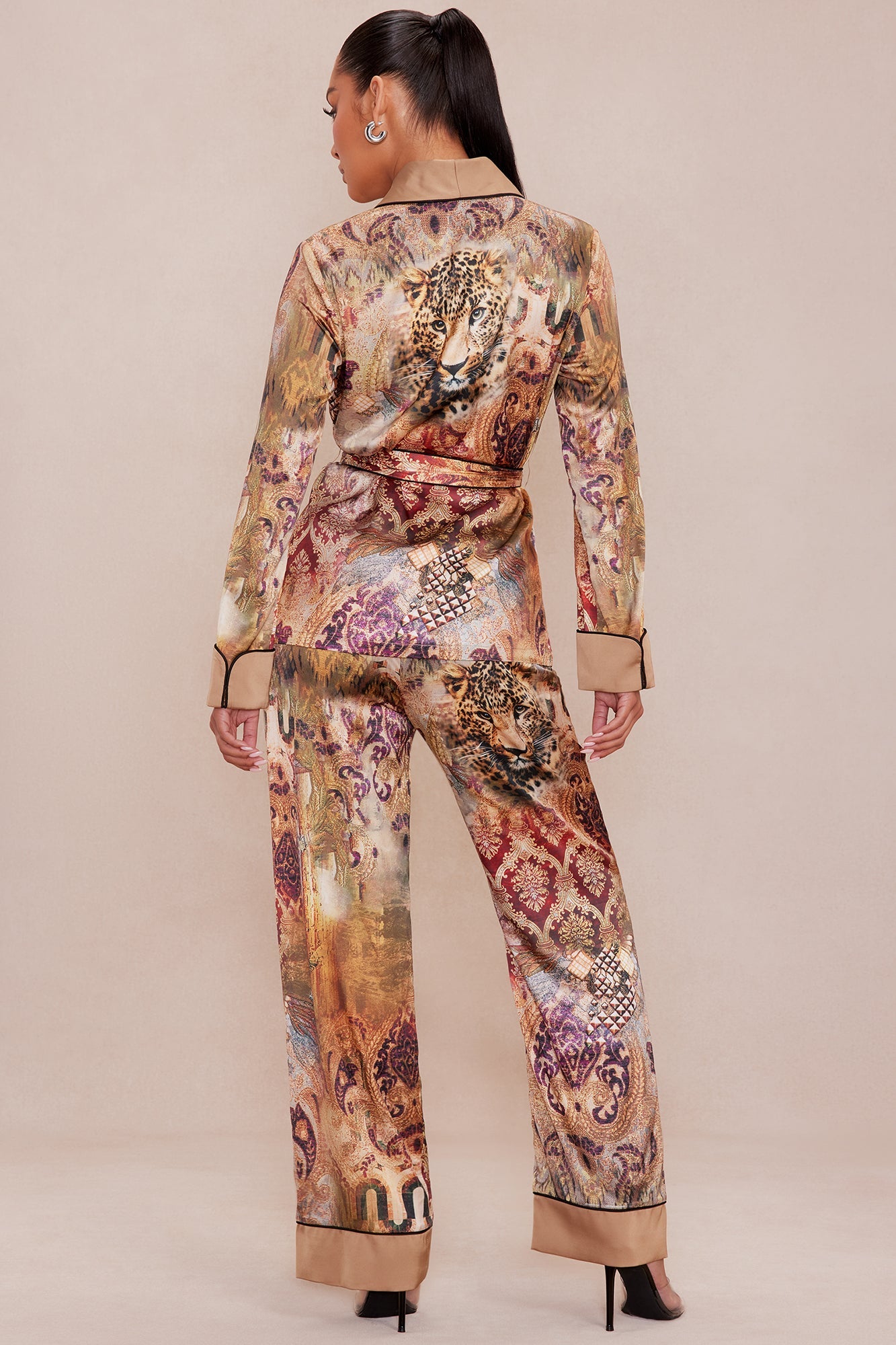 Leah Satin Pant Set - Nude/combo