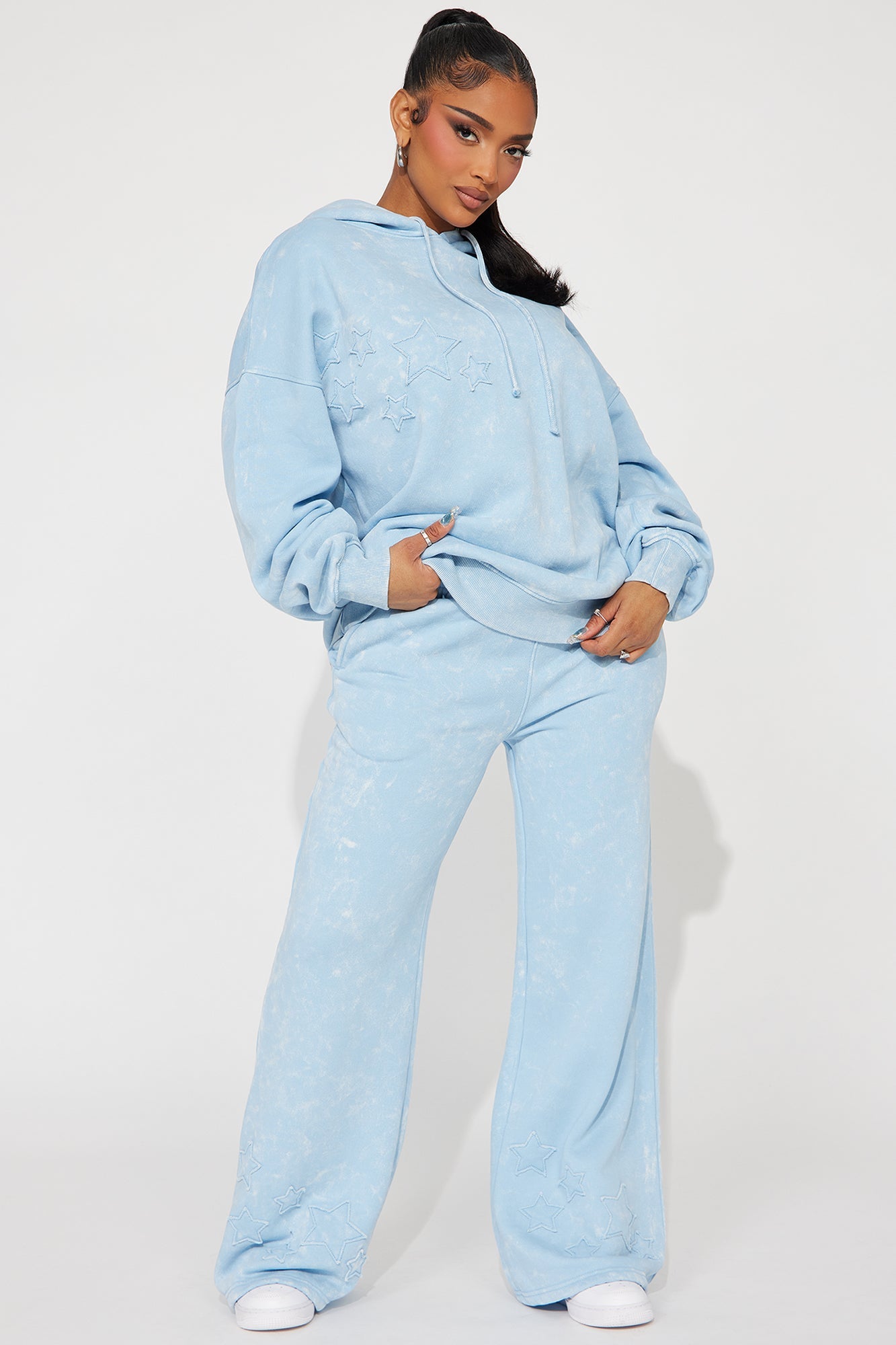 Shooting Star Fleece Wide Leg Pant Set - Light Blue