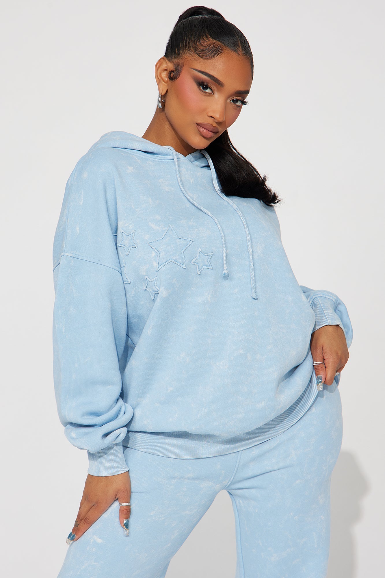 Shooting Star Fleece Wide Leg Pant Set - Light Blue