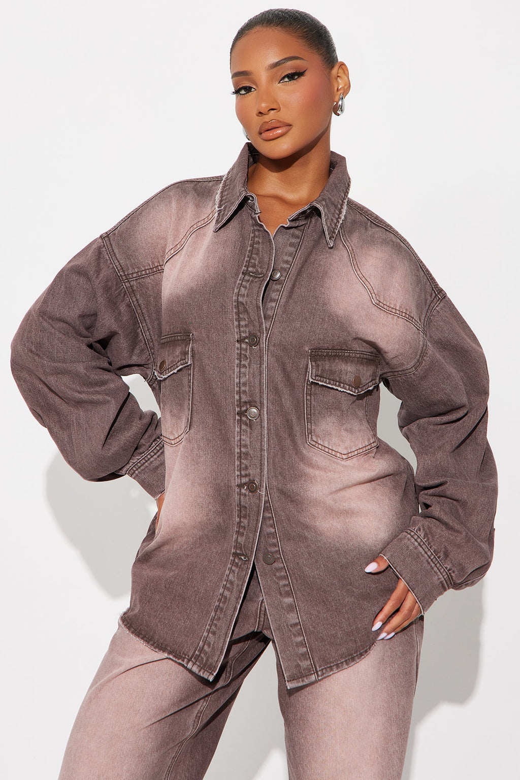 Slow Fade Denim Shacket - Brown