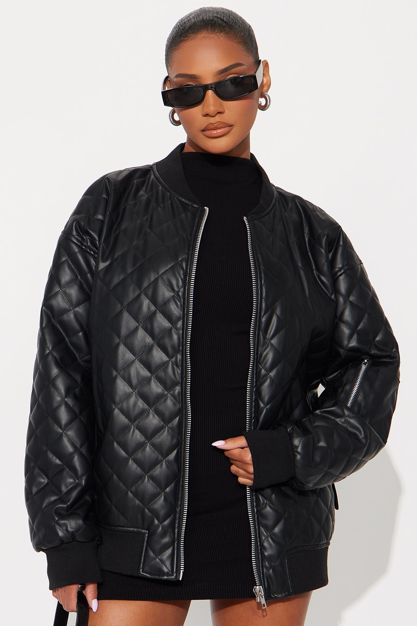 Around The Way Quilted Faux Leather Bomber Jacket - Black