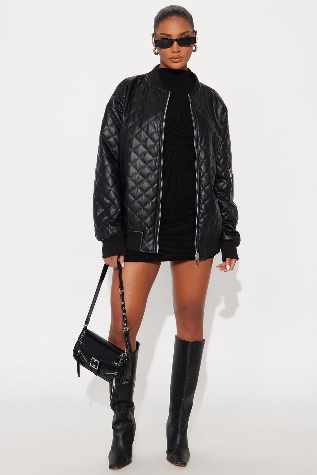 Around The Way Quilted Faux Leather Bomber Jacket - Black