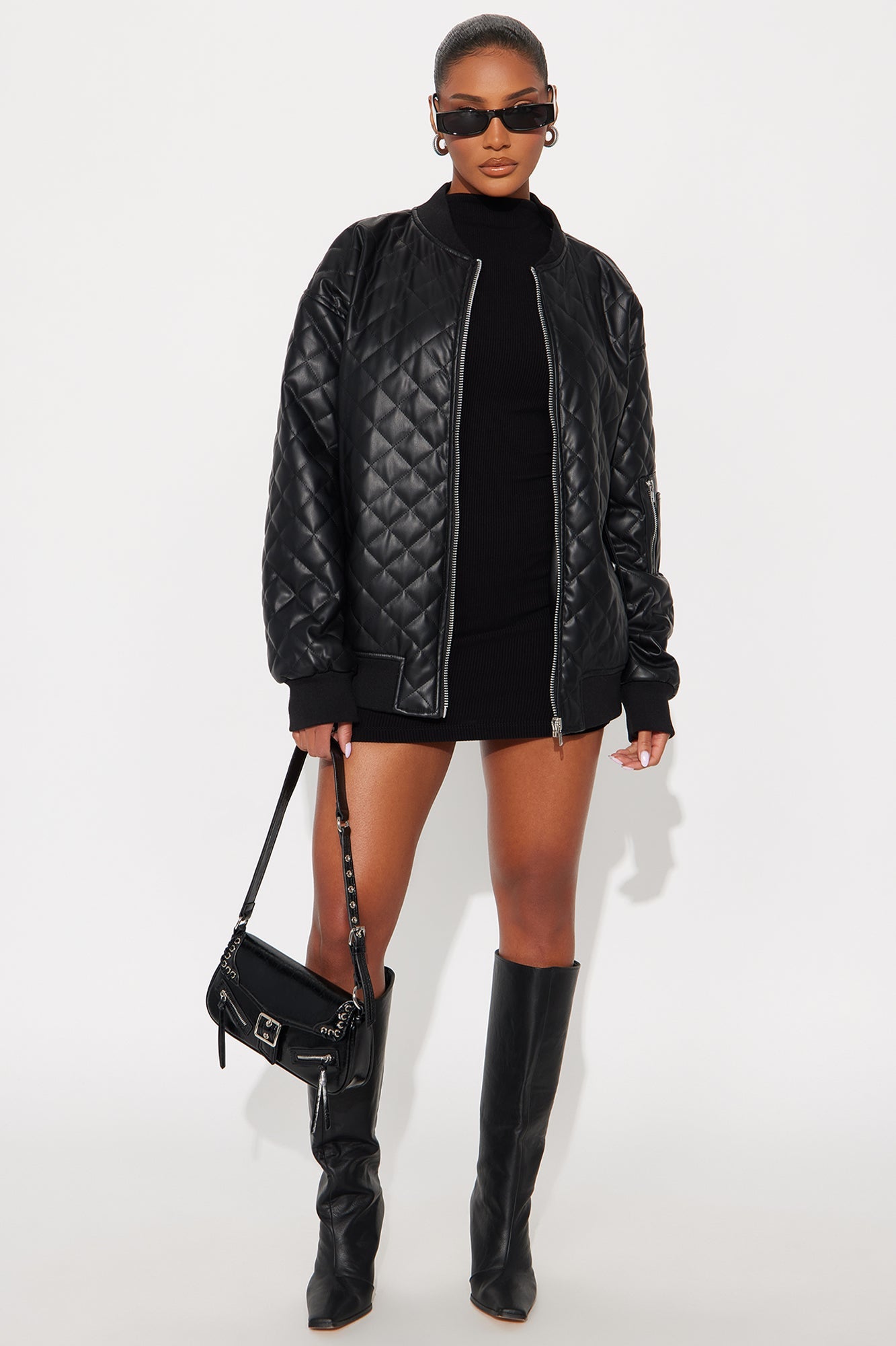 Around The Way Quilted Faux Leather Bomber Jacket - Black