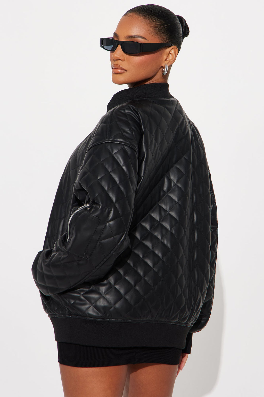 Around The Way Quilted Faux Leather Bomber Jacket - Black
