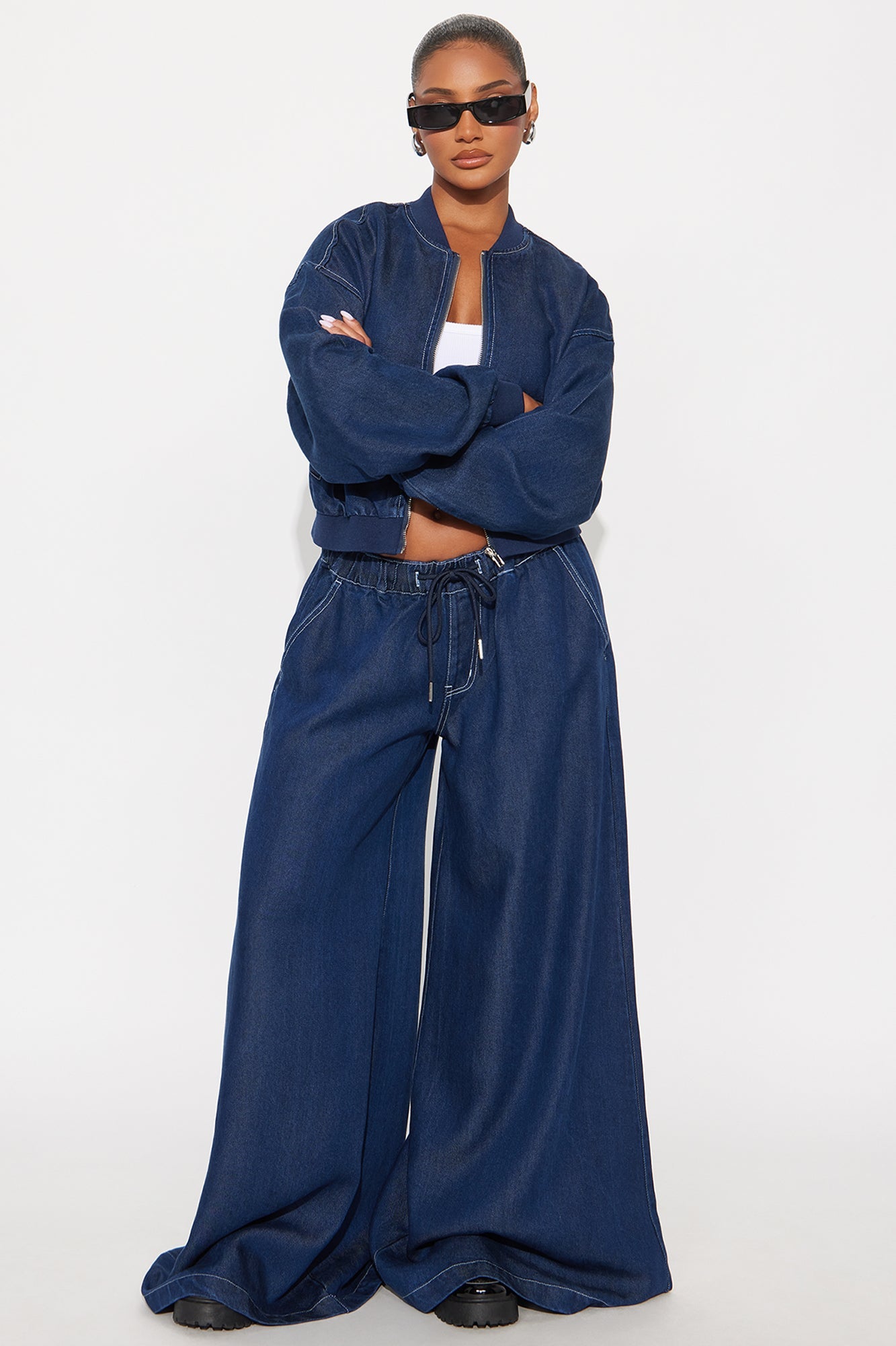 Northport Drapey Denim Bomber Jacket - Dark Denim