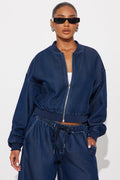 Northport Drapey Denim Bomber Jacket - Dark Denim