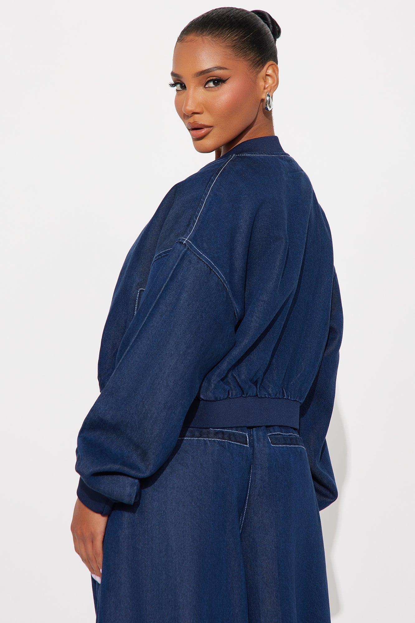 Northport Drapey Denim Bomber Jacket - Dark Denim