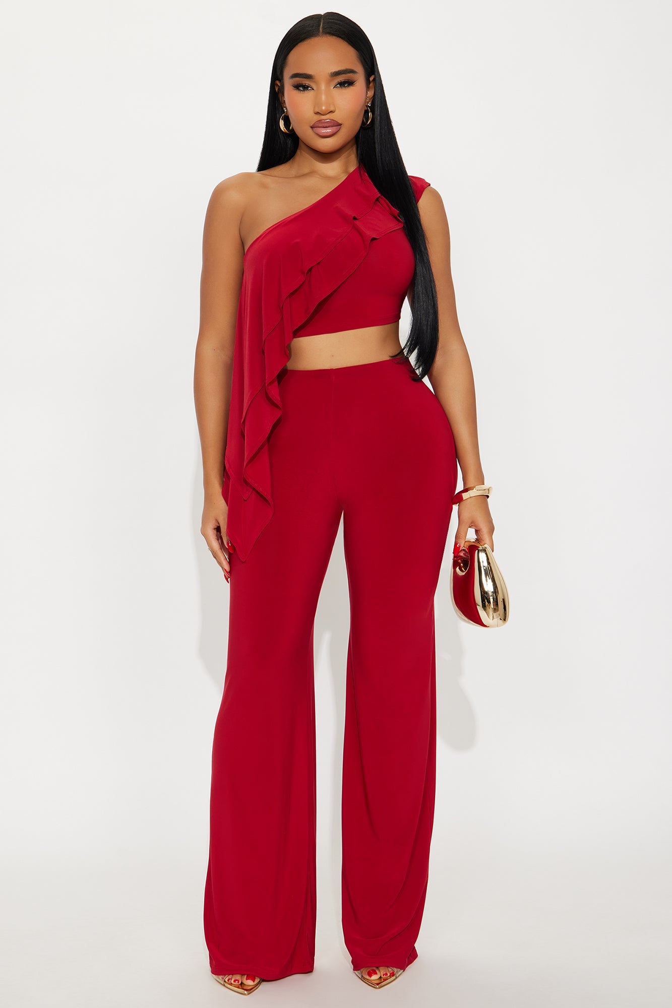 Camila One Shoulder Pant Set - Red
