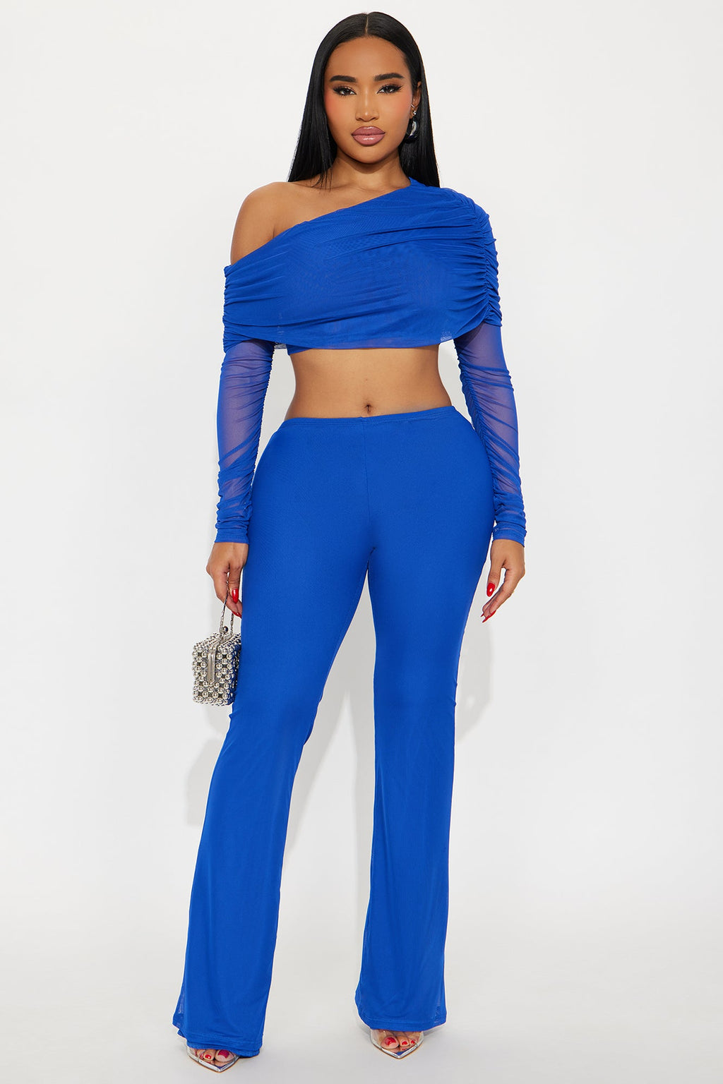 Shilo Off Shoulder Mesh Pant Set - Royal