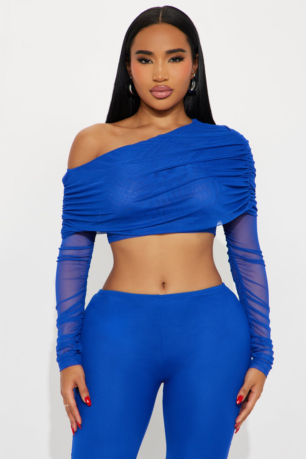 Shilo Off Shoulder Mesh Pant Set - Royal