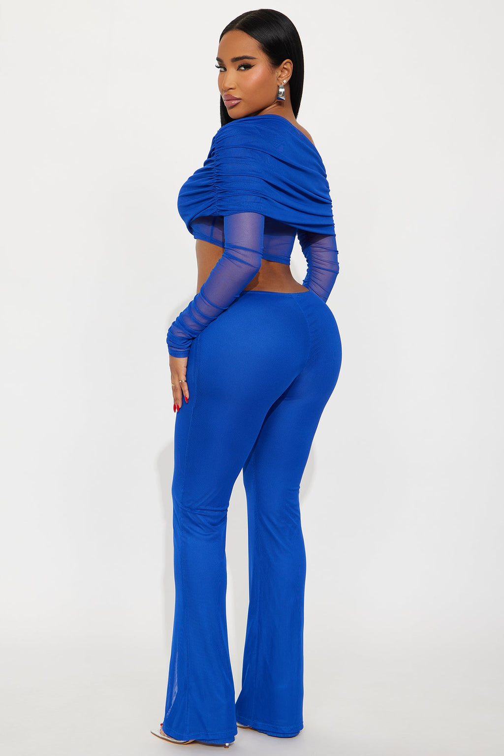 Shilo Off Shoulder Mesh Pant Set - Royal