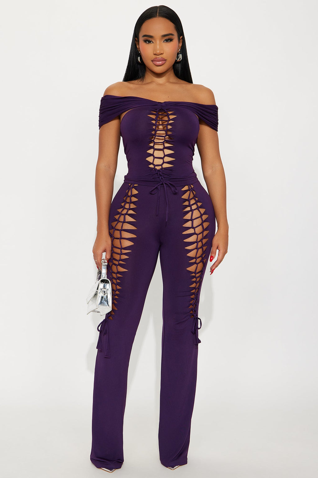 Mia Cut out Off Shoulder Flare Pant Set - Plum