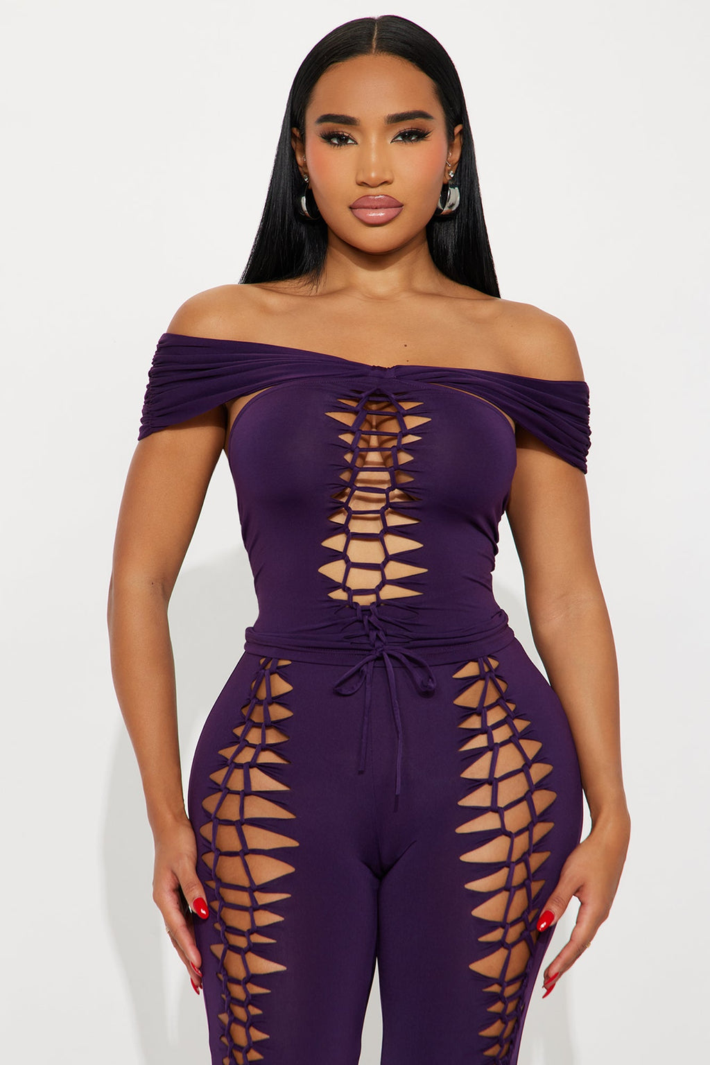 Mia Cut out Off Shoulder Flare Pant Set - Plum