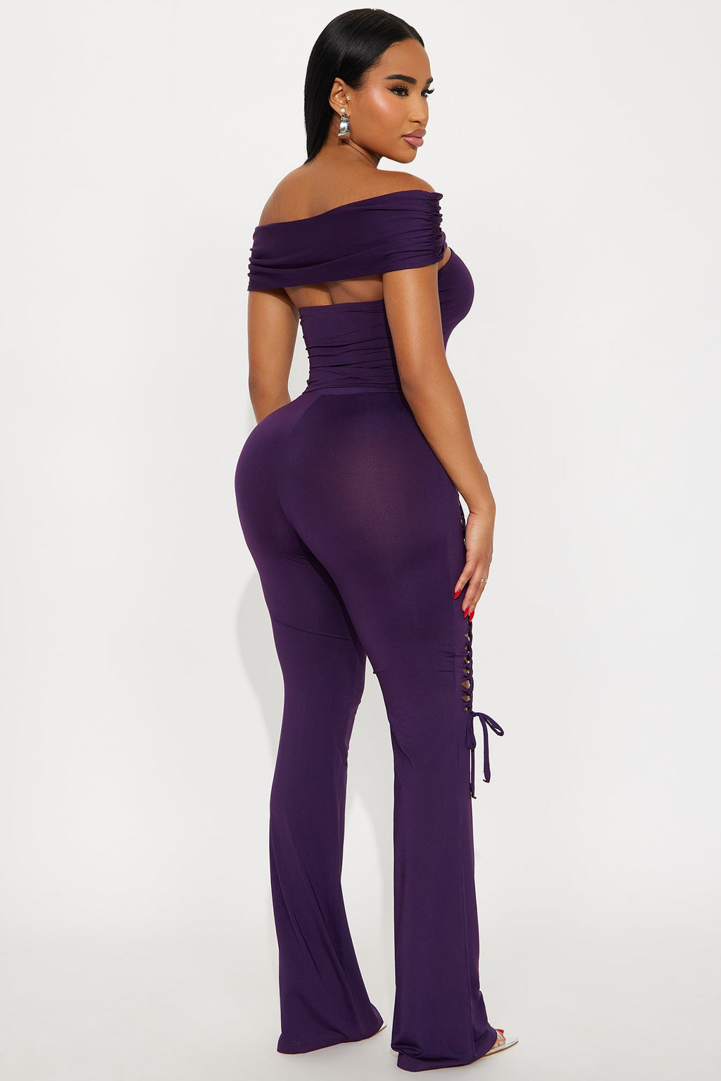 Mia Cut out Off Shoulder Flare Pant Set - Plum
