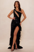 Esme Sequin Feather Maxi Dress - Black