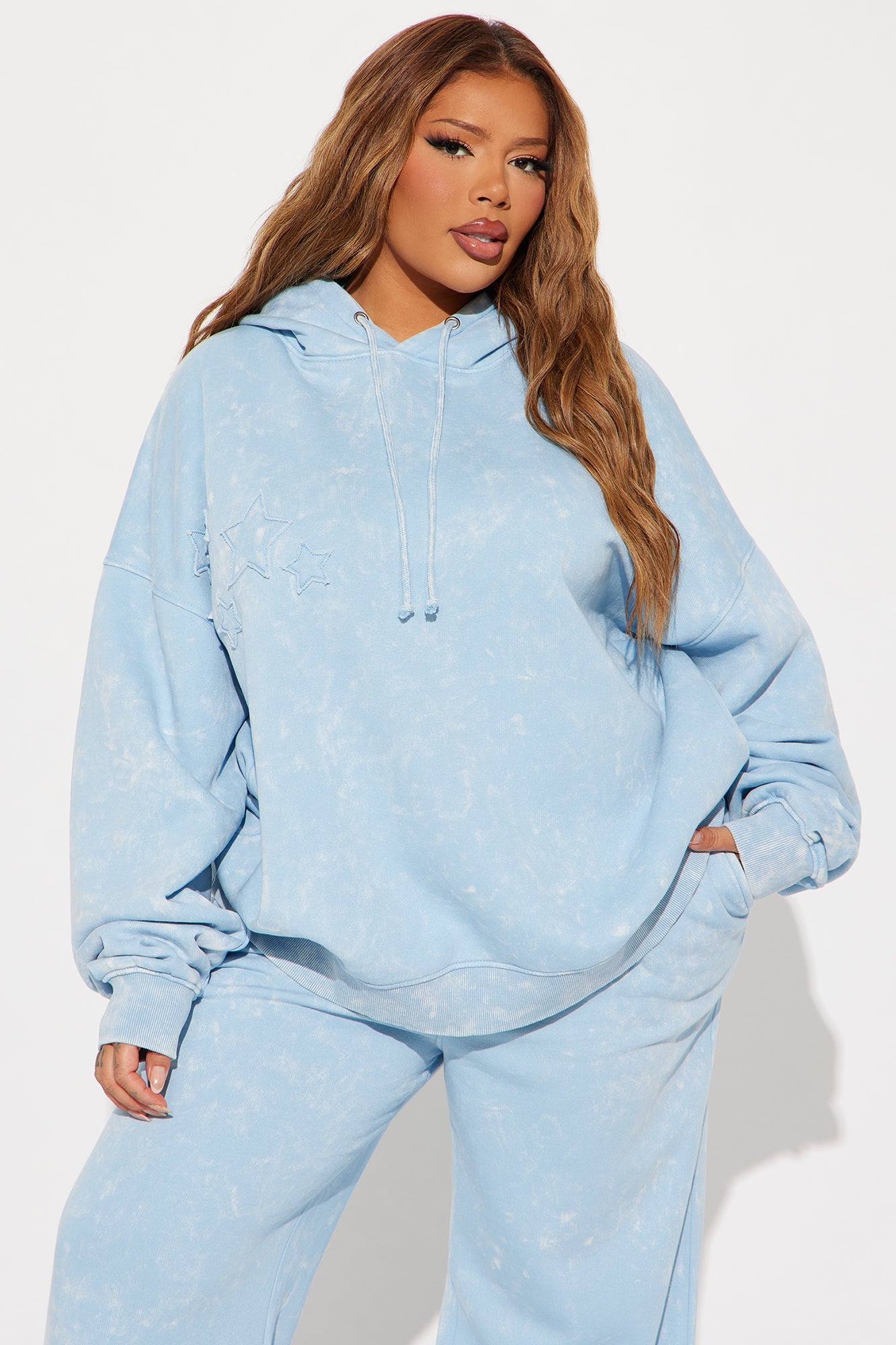 Shooting Star Fleece Wide Leg Pant Set - Light Blue