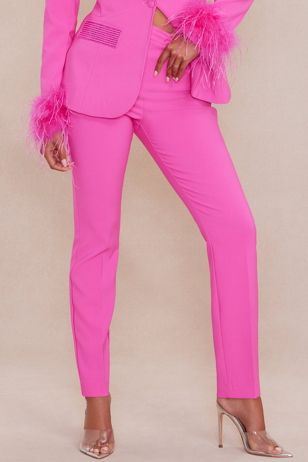 Clarissa Embellished Feather Blazer Suit Set - Hot Pink