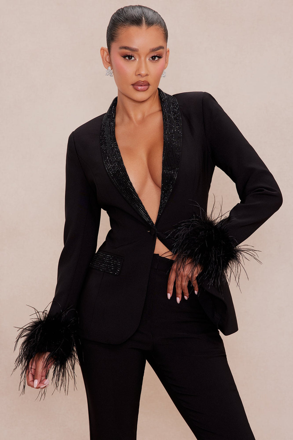 Clarissa Embellished Feather Blazer Suit Set - Black