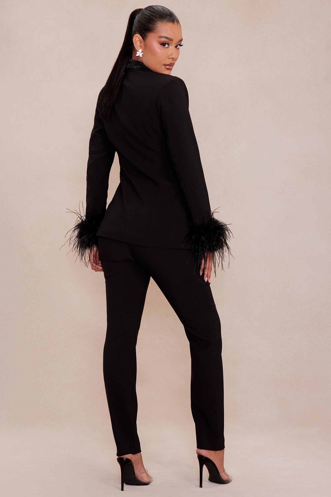 Clarissa Embellished Feather Blazer Suit Set - Black