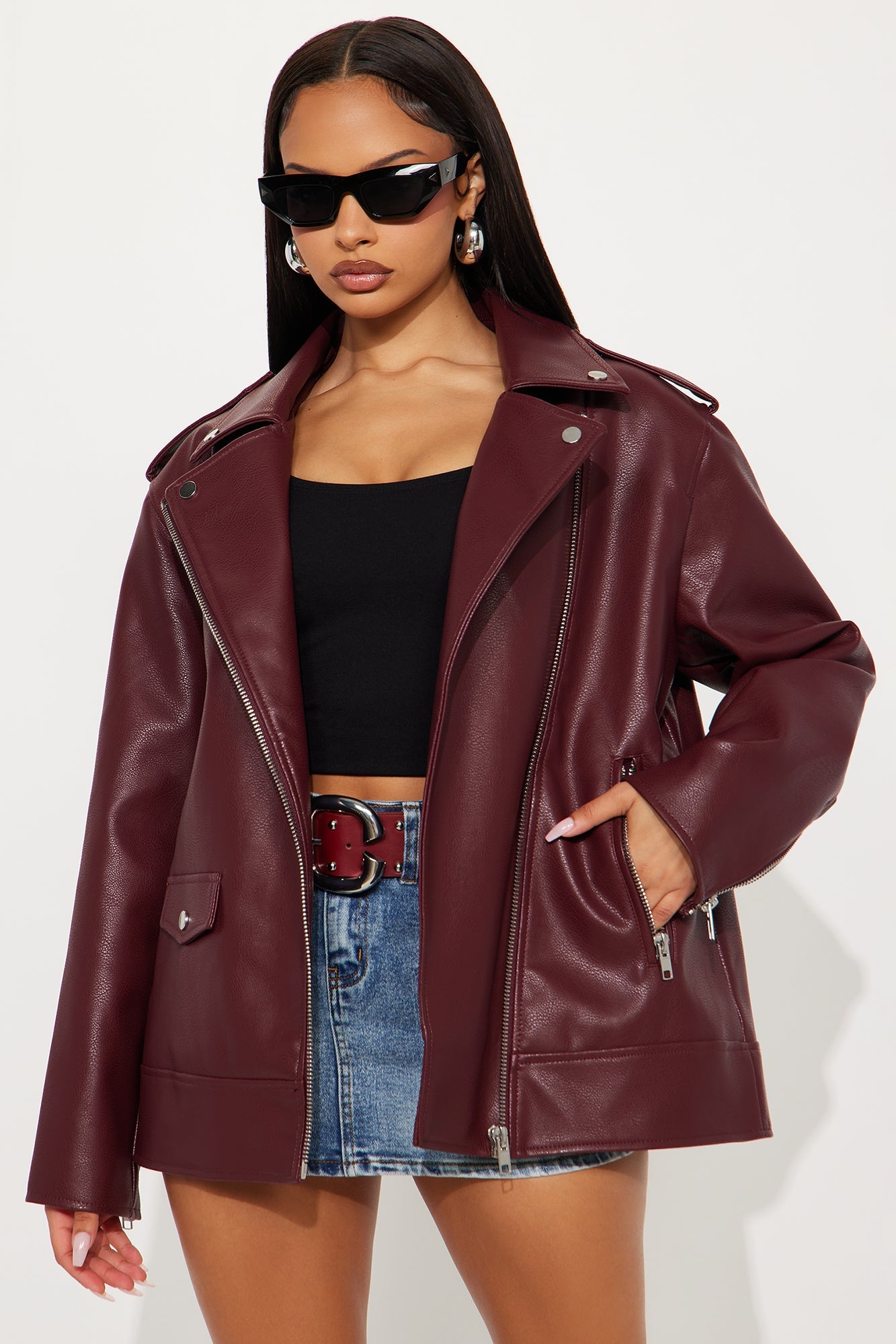 Phoebe Oversized Faux Leather Moto Jacket - Burgundy