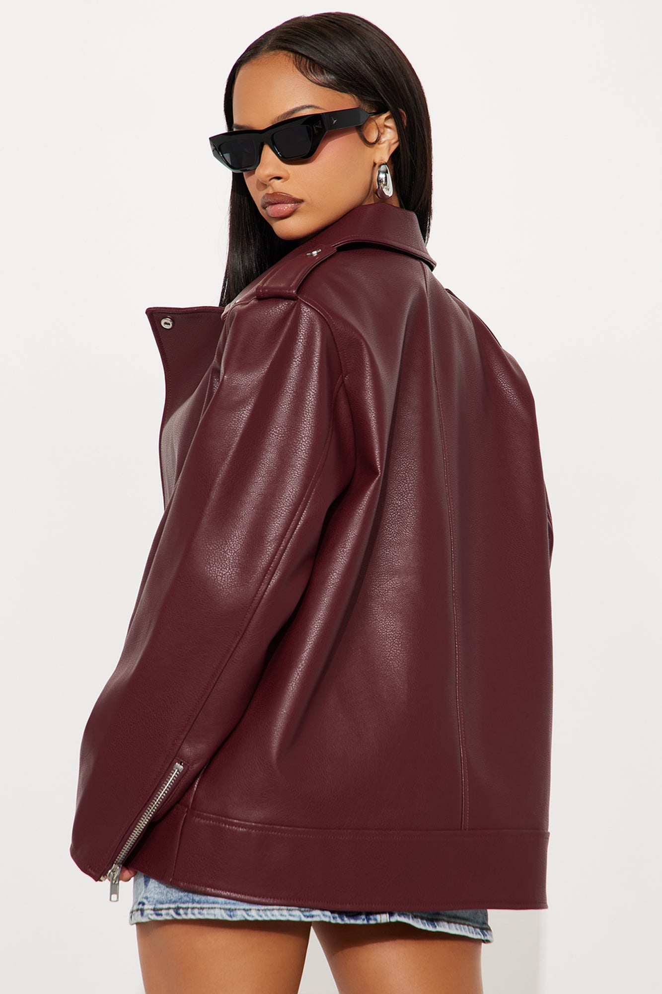 Phoebe Oversized Faux Leather Moto Jacket - Burgundy