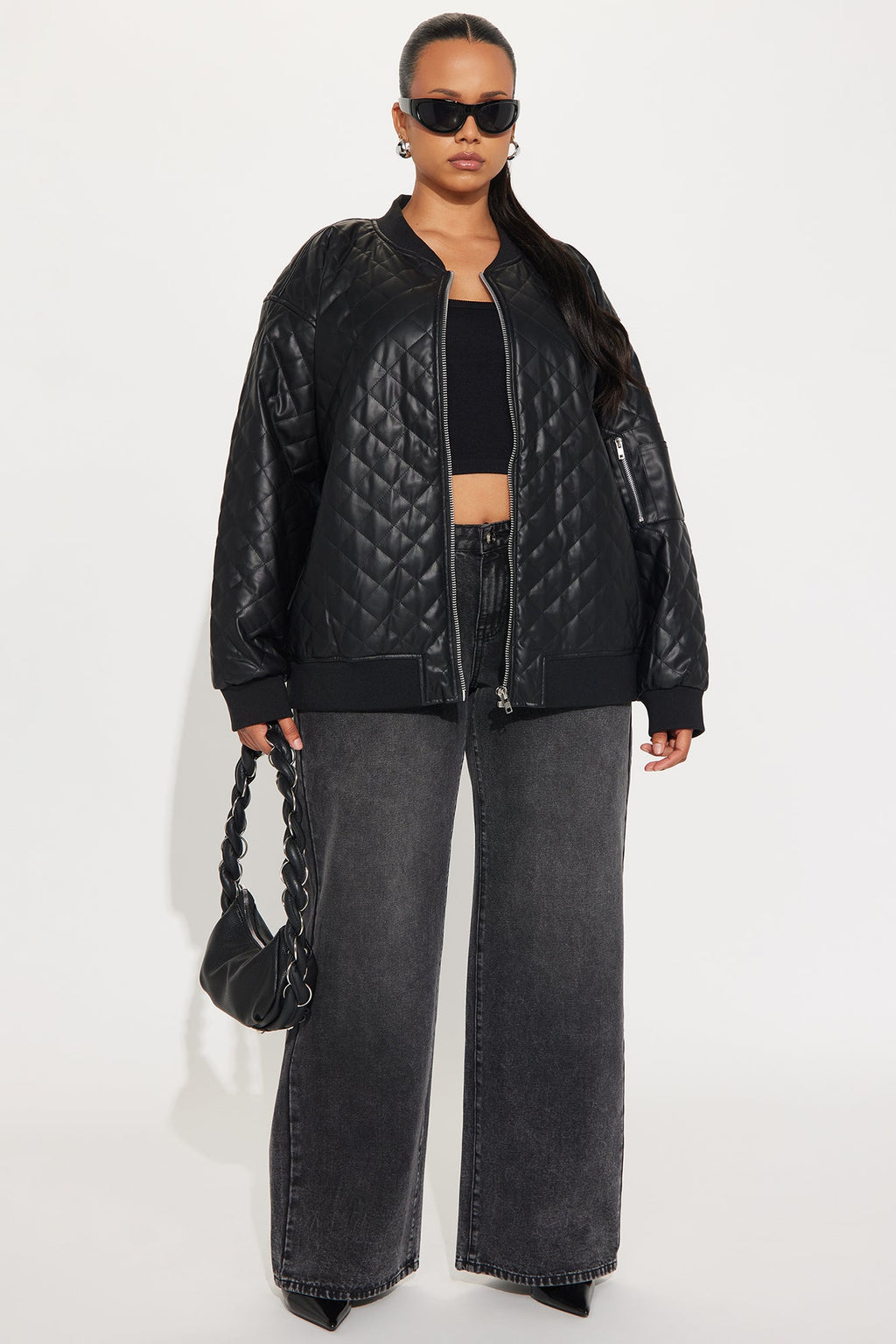 Around The Way Quilted Faux Leather Bomber Jacket - Black