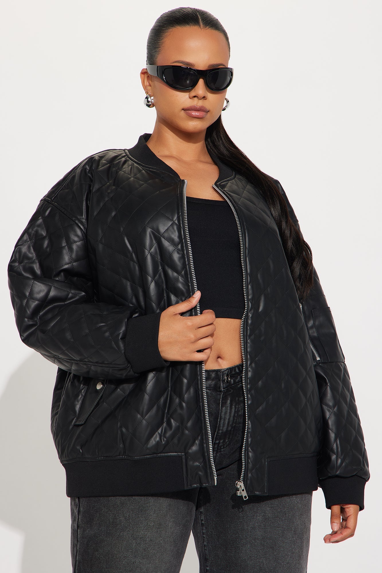 Around The Way Quilted Faux Leather Bomber Jacket - Black