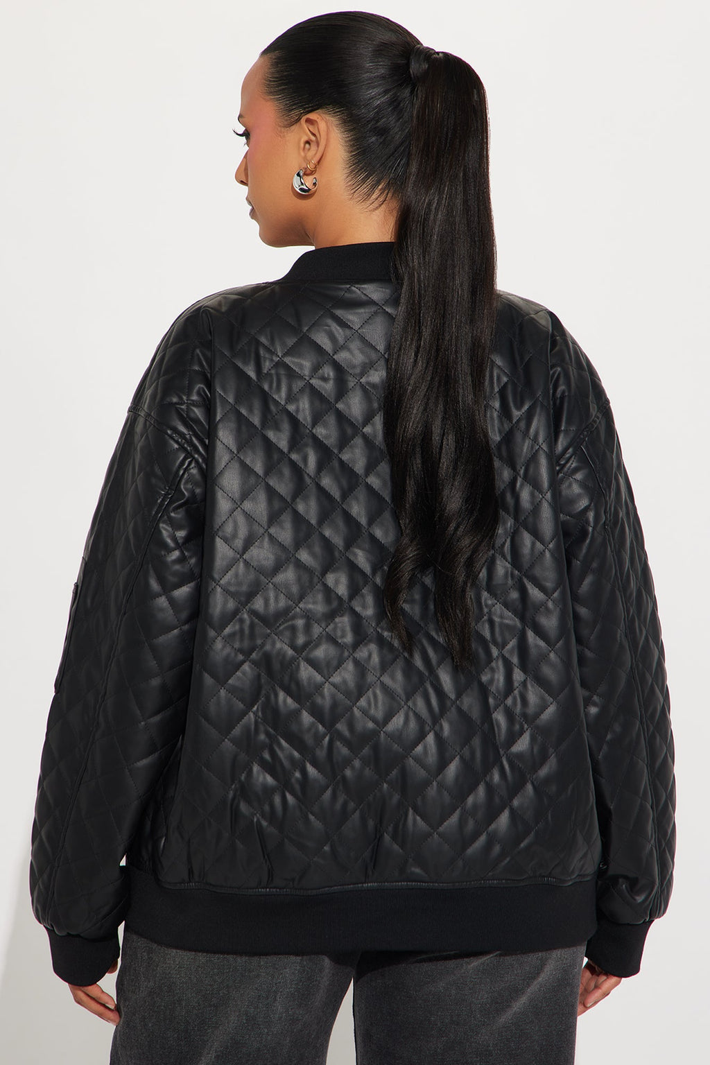 Around The Way Quilted Faux Leather Bomber Jacket - Black