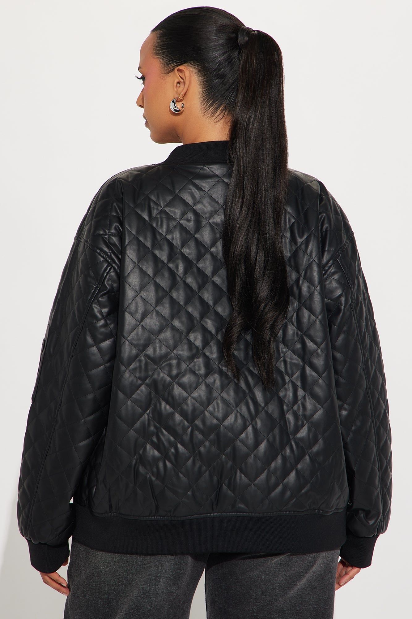 Around The Way Quilted Faux Leather Bomber Jacket - Black