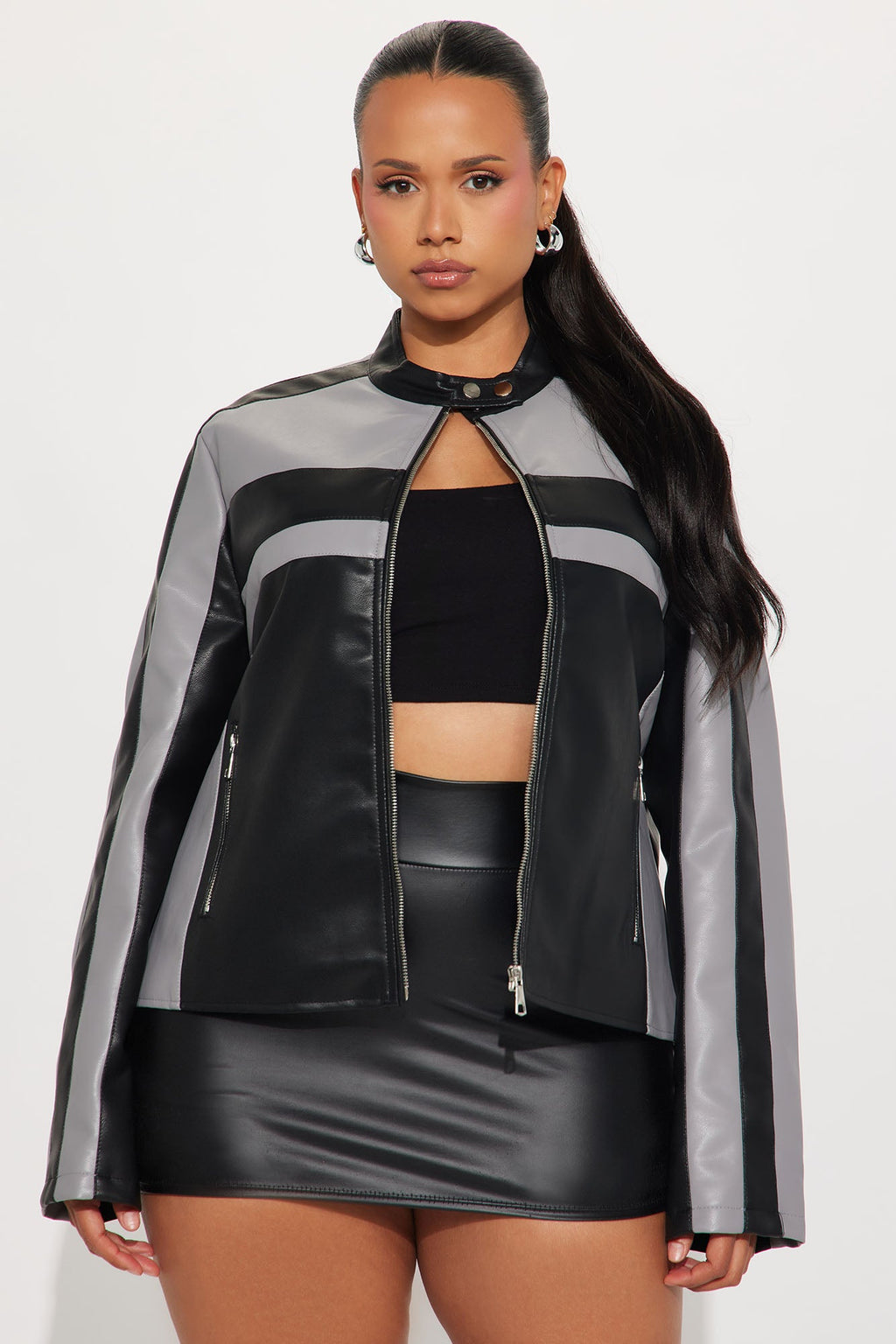 Kelis Faux Leather Moto Jacket - Grey/Black