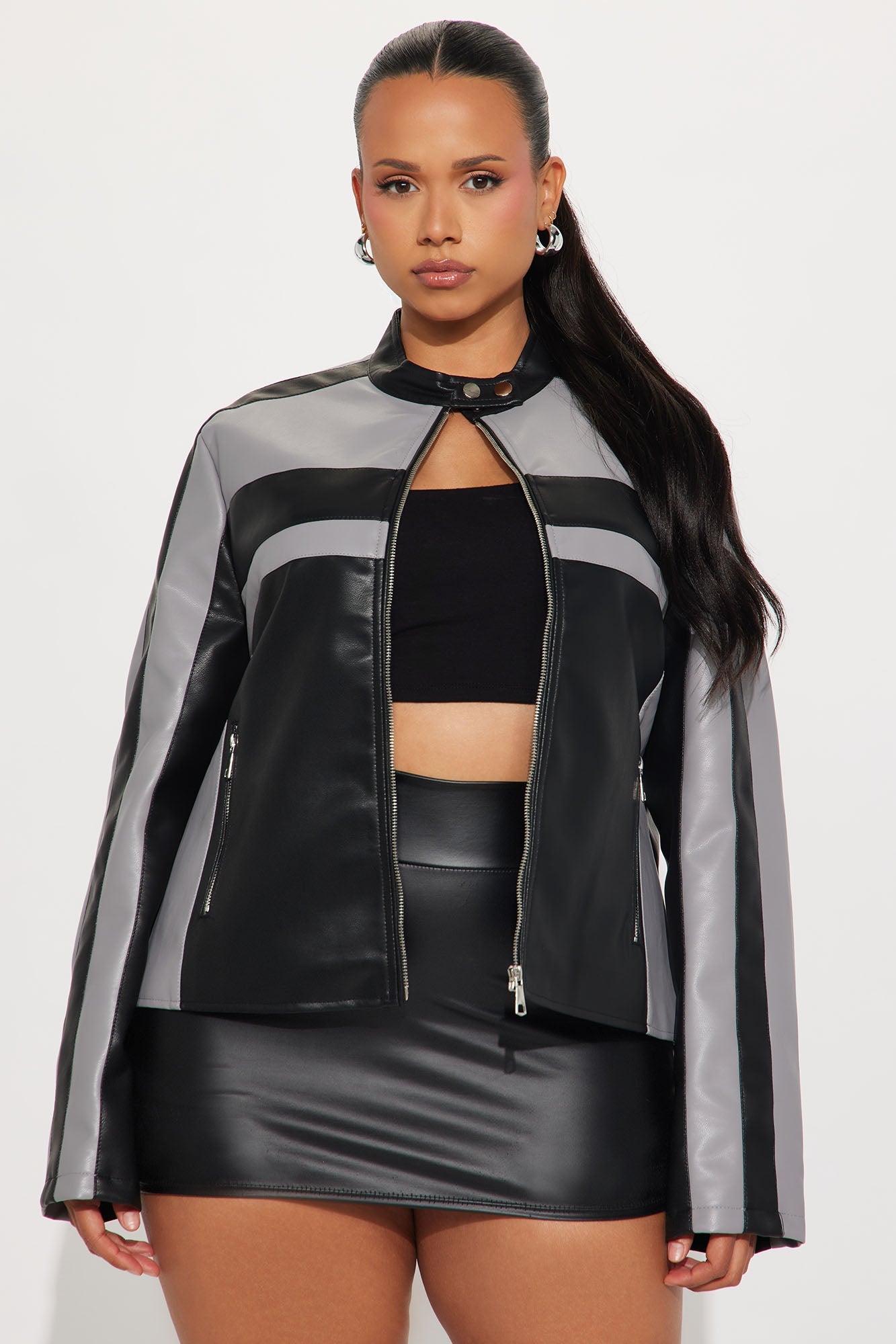 Kelis Faux Leather Moto Jacket - Grey/Black