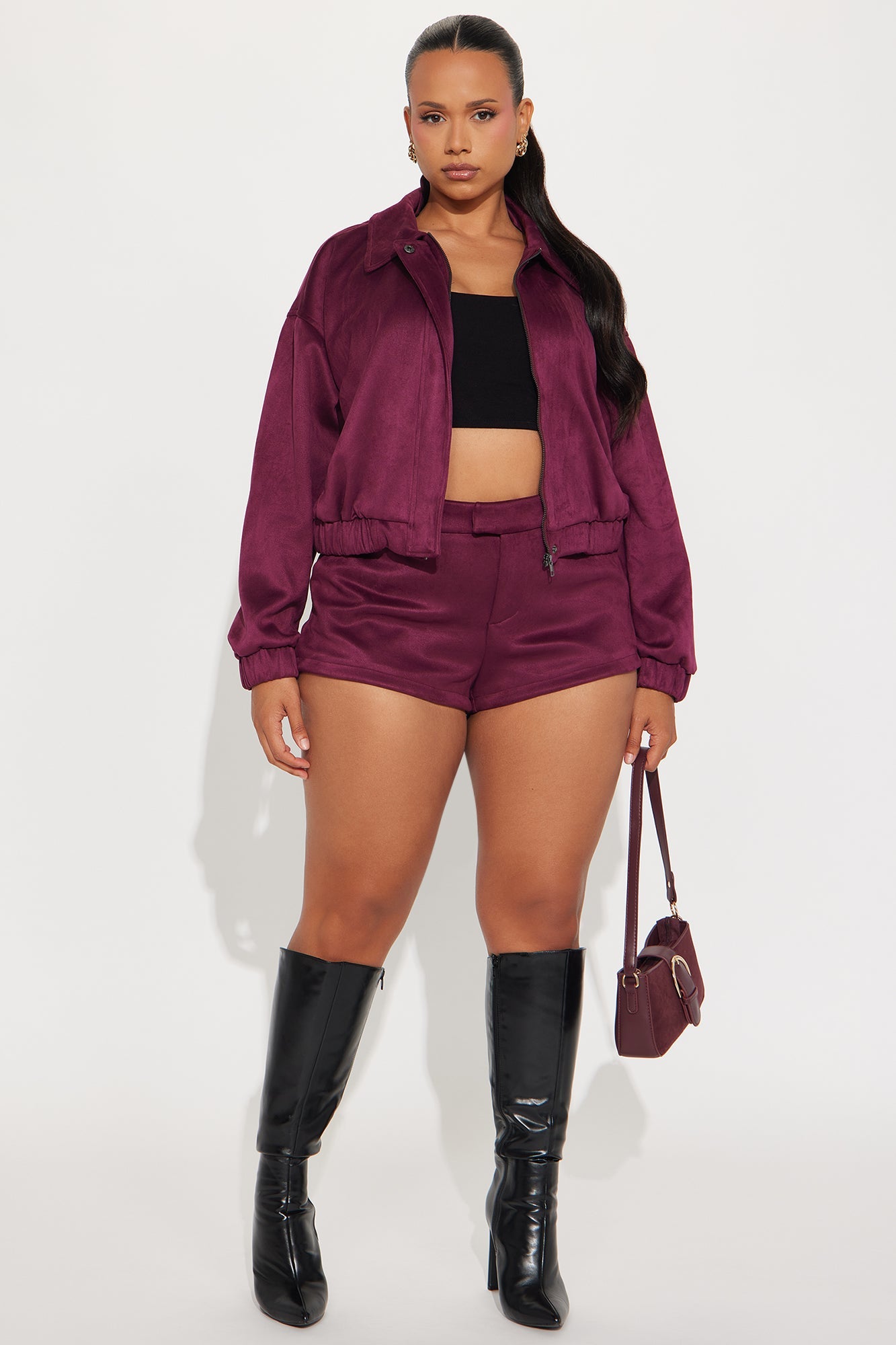 Amina Faux Suede Bomber Jacket - Wine