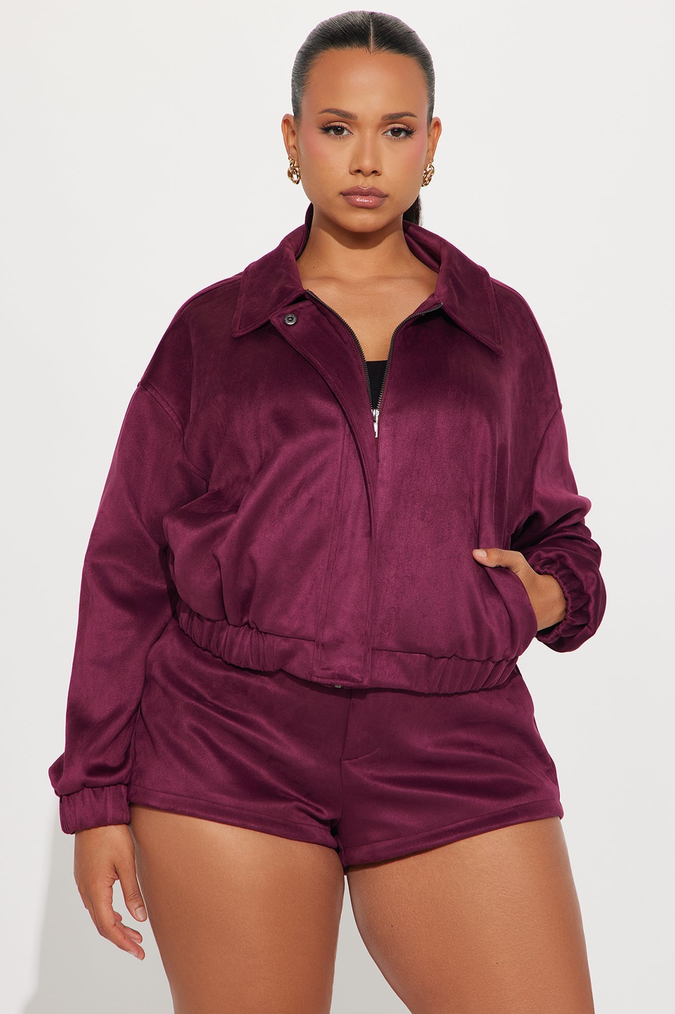 Amina Faux Suede Bomber Jacket - Wine