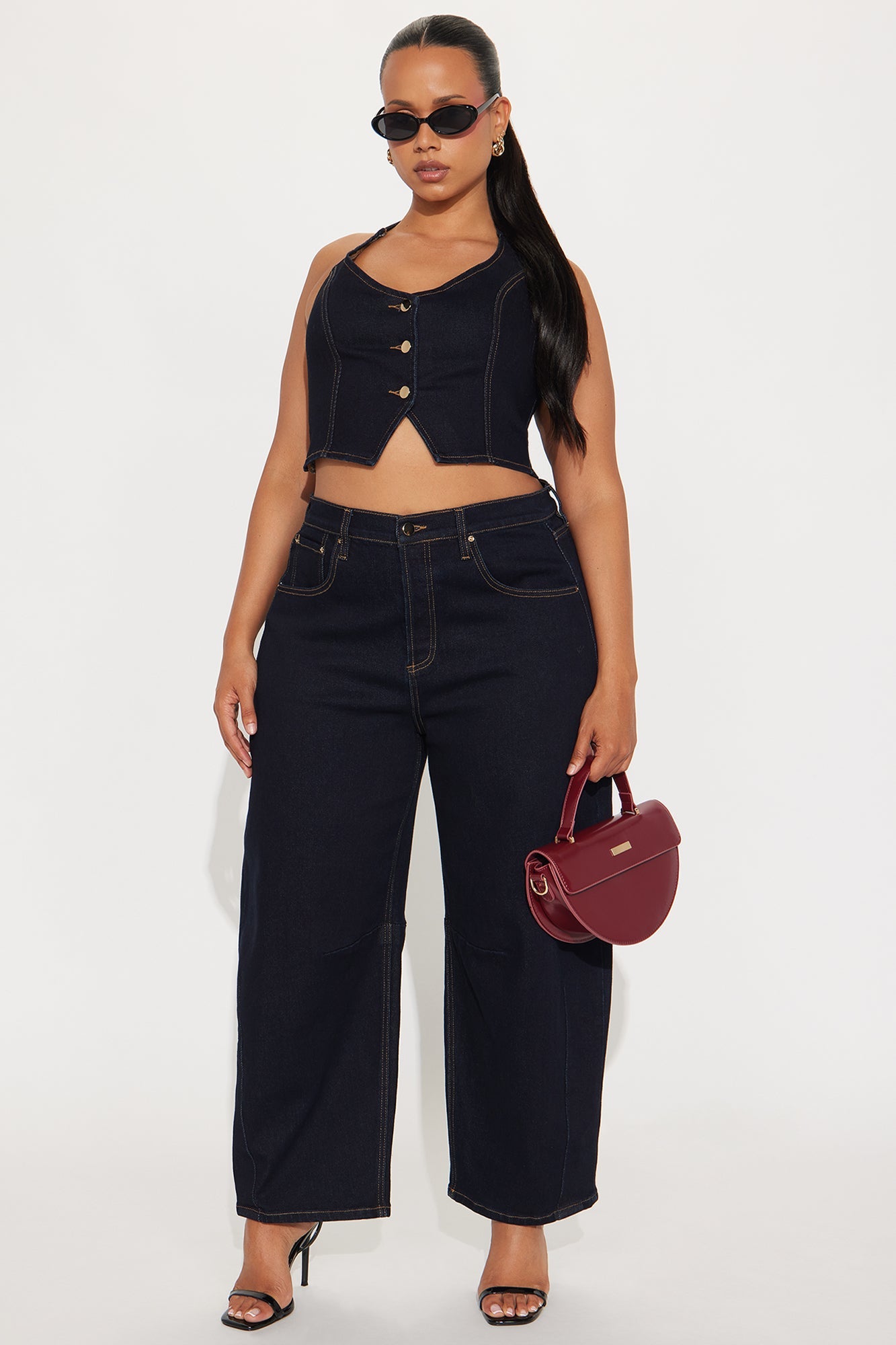 Clarissa Denim Vest And Barrel Jeans Set - Dark Wash