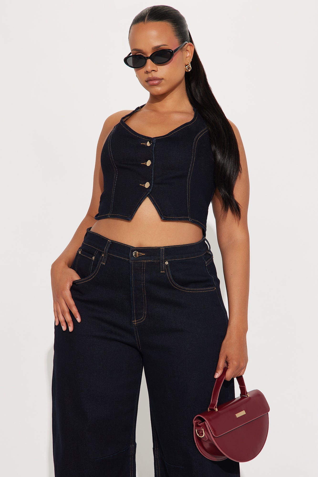 Clarissa Denim Vest And Barrel Jeans Set - Dark Wash