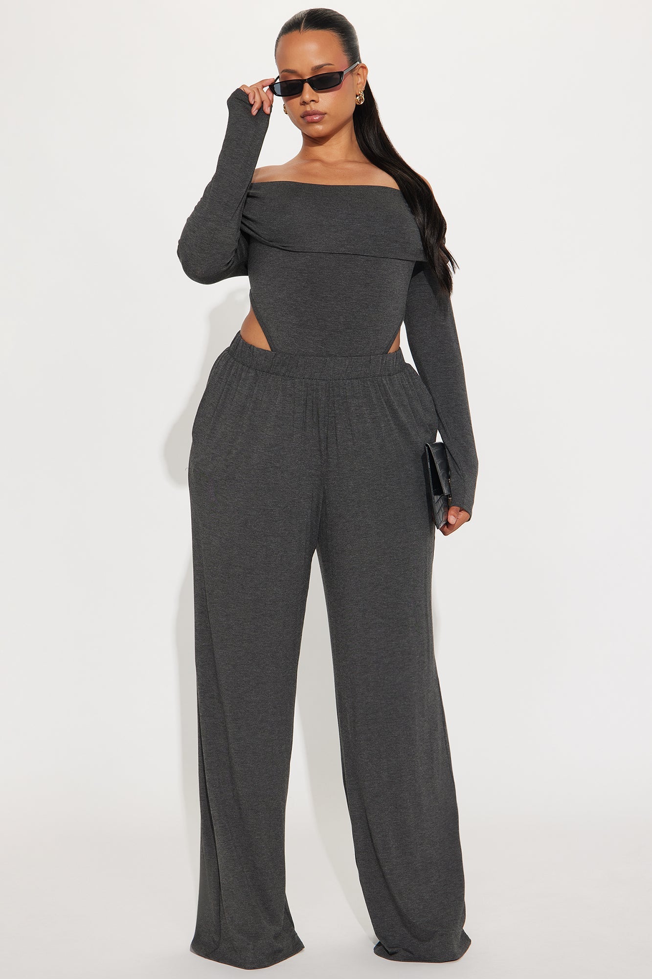 Clarissa Off Shoulder Bodysuit And Pant Set - Charcoal