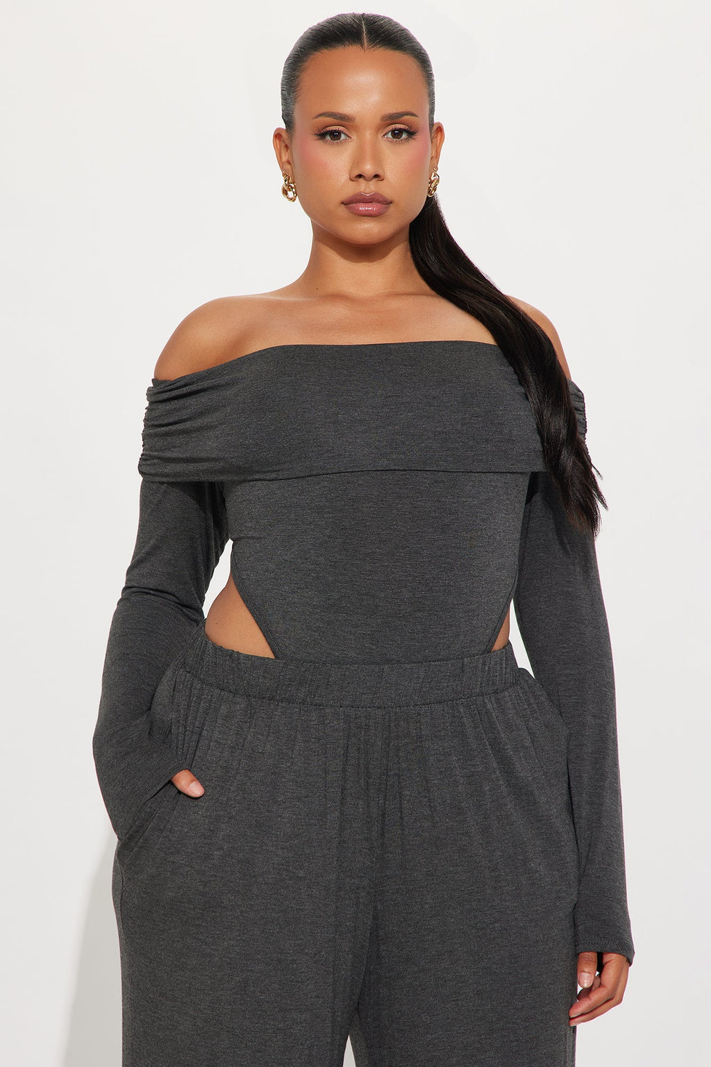 Clarissa Off Shoulder Bodysuit And Pant Set - Charcoal