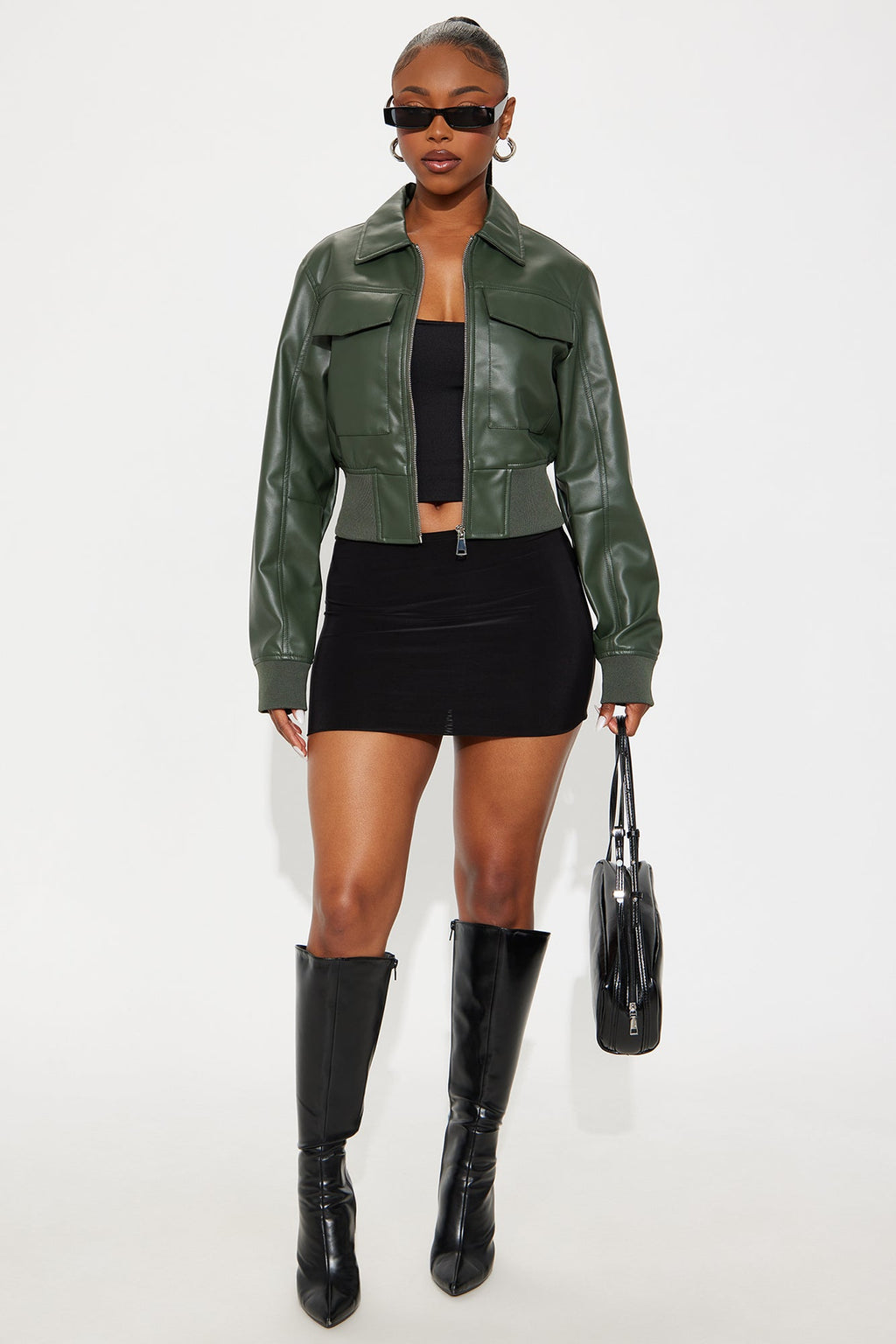 Jordyn Faux Leather Bomber Jacket - Olive