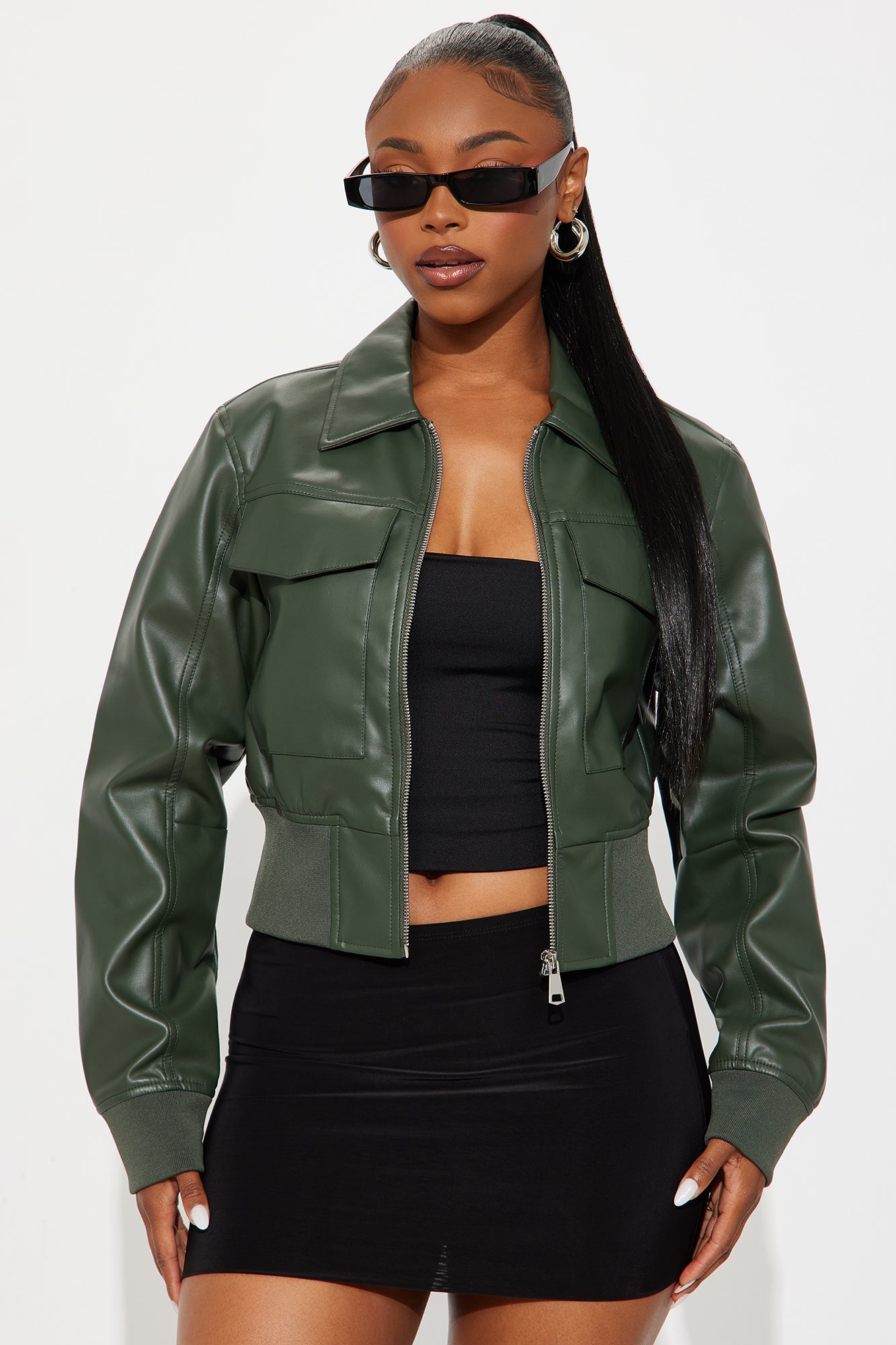 Jordyn Faux Leather Bomber Jacket - Olive