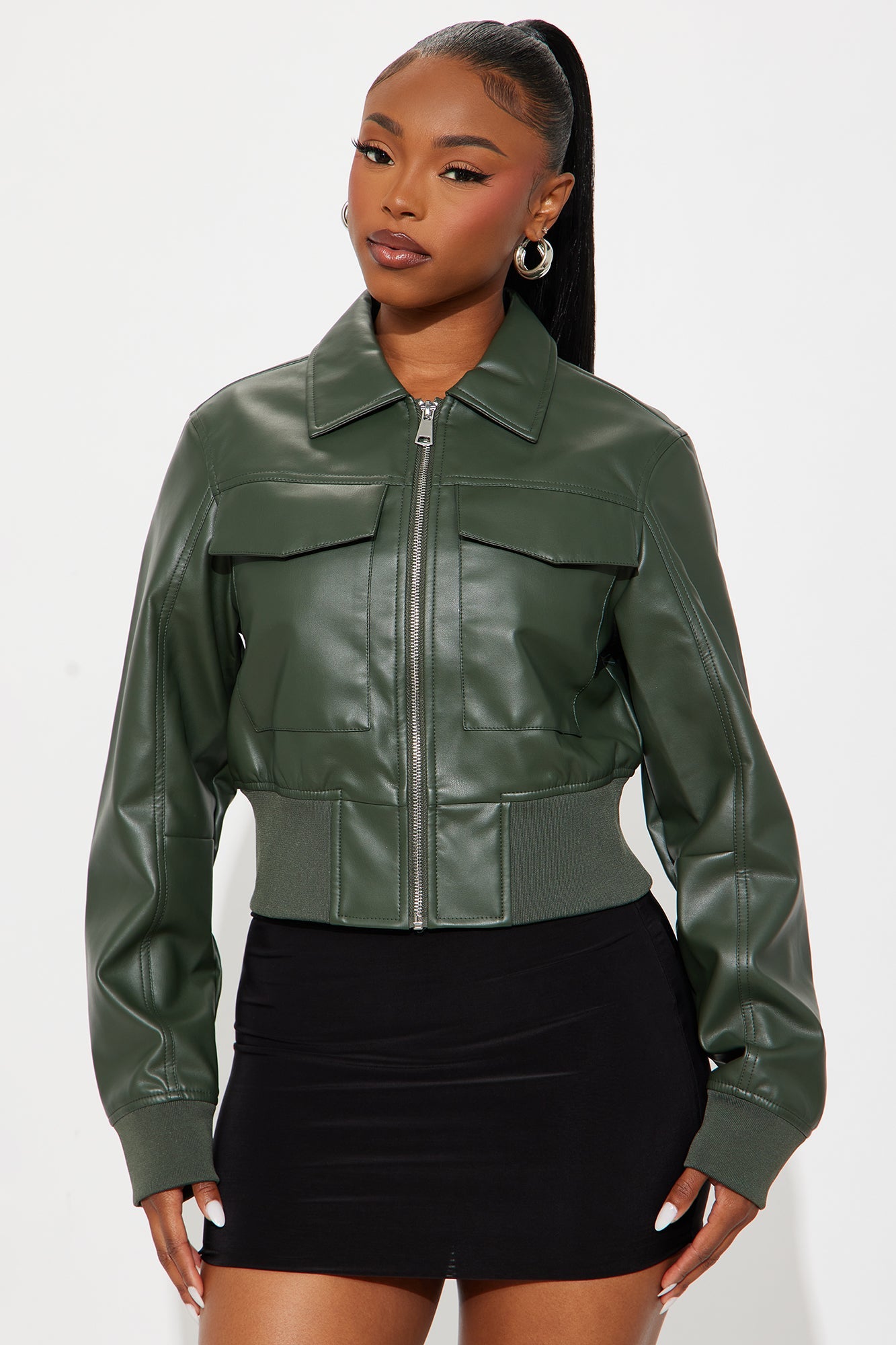 Jordyn Faux Leather Bomber Jacket - Olive