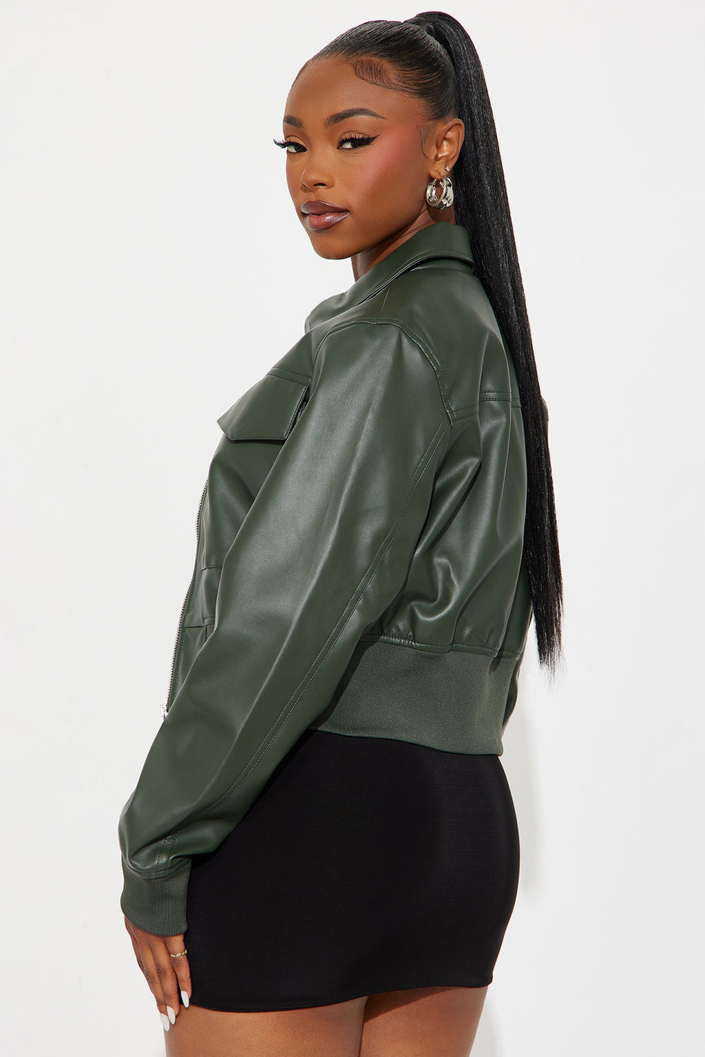 Jordyn Faux Leather Bomber Jacket - Olive